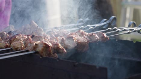 Juicy-and-marinated-pig-meat-with-spices-and-herbs-in-burning-charcoals-on-a-bbq-grid,-smoke-in-slow-motion
