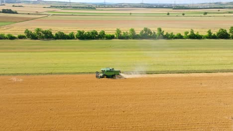 Combine-Harvester-Working-At-The-Field---aerial-drone-shot