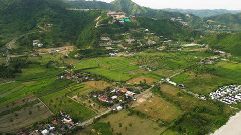 Aerial-view-showing-Tropical-landscape-of-Lombok-with-tropical-farm-Fields-and-Torok-Beach-during-sunny-day,-Indonesia