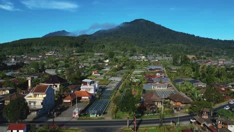 aerial-view-of-the-countryside-of-Bali,-Agriculture-area-with-a-mountain-in-the-background---Indonesia