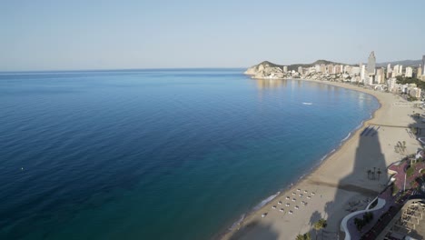 Wide-view-Benidorm-beach-and-coastline,-Mediterranean-from-above-4K