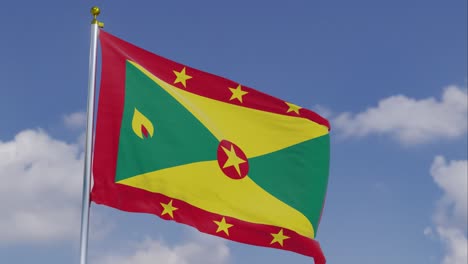Flag-Of-Grenada-Moving-In-The-Wind-With-A-Clear-Blue-Sky-In-The-Background,-Clouds-Slowly-Moving,-Flagpole,-Slow-Motion