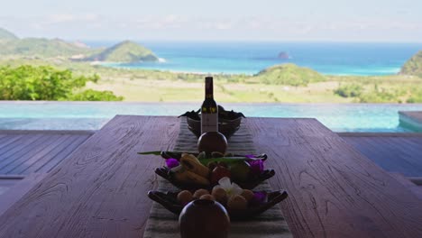 Gourmet-local-fruit-platter-on-the-private-villa-dining-table-at-luxury-resort-in-Lombok-Indonesia