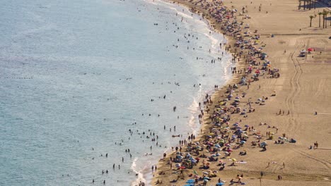 Wide-bird’s-eye-view-of-crowded-Mediterranean-beach-4K