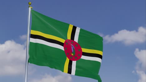 Bandera-De-Dominica-Moviéndose-En-El-Viento-Con-Un-Cielo-Azul-Claro-En-El-Fondo,-Nubes-Moviéndose-Lentamente,-Asta-De-Bandera,-Cámara-Lenta