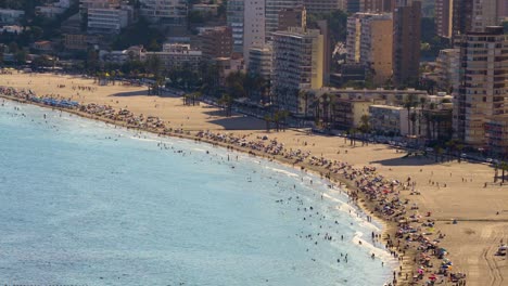 Mediterranean-beach-resort-in-summer,-bird’s-eye-view-4K
