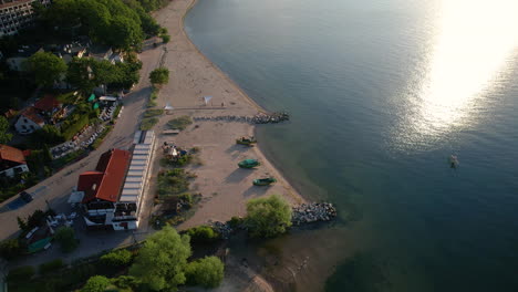 Aerial-Top-View-of-Taverna-Orlowska-Fish-Restaurant-on-Sunrise-at-Orlowo-Seacost,-Gdynia,-Poland