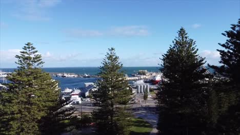 Aerial-View-Fremantle,-Flying-over-Pine-Trees-with-view-of-Fremantle-Fishing-Boat-Harbour---slow-rotation-up-high,-Western-Australia
