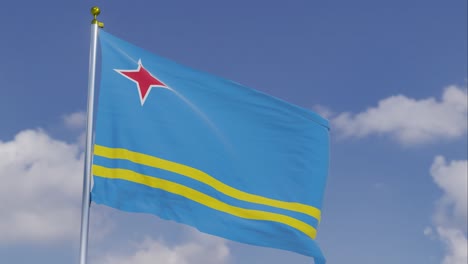 Flagge-Von-Aruba-Bewegt-Sich-Im-Wind-Mit-Einem-Klaren-Blauen-Himmel-Im-Hintergrund,-Wolken-Bewegen-Sich-Langsam,-Fahnenmast,-Zeitlupe
