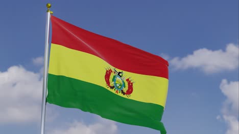 Flagge-Boliviens-Bewegt-Sich-Im-Wind-Mit-Einem-Klaren-Blauen-Himmel-Im-Hintergrund,-Wolken-Bewegen-Sich-Langsam,-Fahnenmast,-Zeitlupe