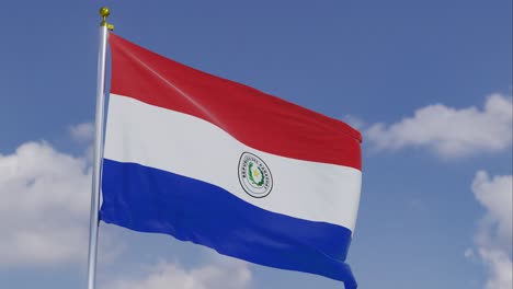 Bandera-De-Paraguay-Moviéndose-En-El-Viento-Con-Un-Cielo-Azul-Claro-En-El-Fondo,-Nubes-Moviéndose-Lentamente,-Asta-De-Bandera,-Cámara-Lenta