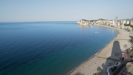 Mediterranean-morning-Benidorm-beachfront-from-above-timelapse-4K