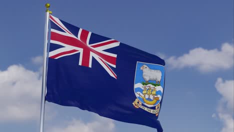 Flagge-Der-Falklandinseln-Bewegt-Sich-Im-Wind-Mit-Einem-Klaren-Blauen-Himmel-Im-Hintergrund,-Wolken-Bewegen-Sich-Langsam,-Fahnenmast,-Zeitlupe