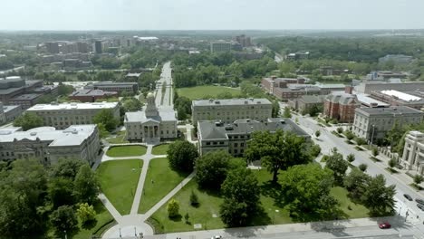 Old-Capitol-building-on-the-campus-of-the-University-of-Iowa-in-Iowa-City,-Iowa-with-drone-video-moving-right-to-left