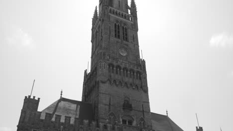 Black-and-white-image-of-Belfry-in-Bruges,-Belgium