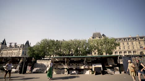 Vintage-books-and-art-dealers-in-front-of-the-River-Seine-and-Louvre-Palace-with-people-walking-along,-View-from-vehicle
