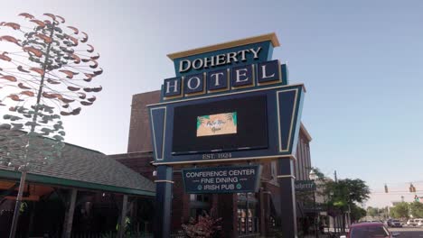Doherty-Hotel-in-Clare,-Michigan-with-gimbal-video-moving-forward