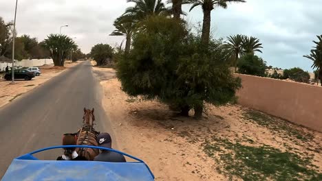 High-angle-perspective-of-horse-drawn-carriage-turning-with-two-persons-along-Djerba-streets-in-Tunisia