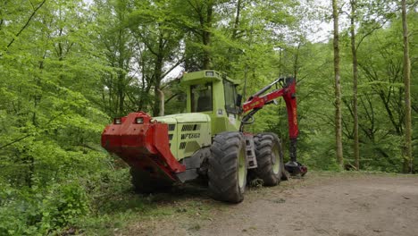 Powerful-forest-logger-of-red-and-green-colors-parked-in-German-forest