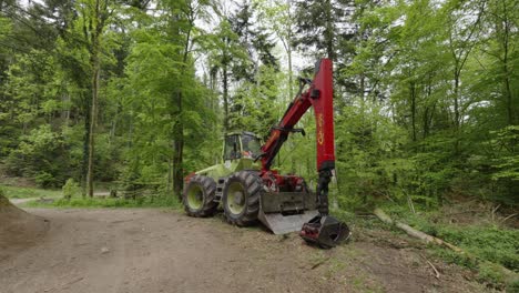 Leistungsstarker-Forstholzfäller-Mit-Rotem-Kranarm-Zum-Pflücken-Schwerer-Baumstämme