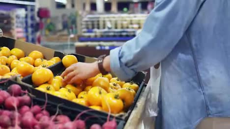 Handheld-footage-of-a-girl-selecting-fresh-yellow-tomatos-from-the-box-in-vegetable-department.-Grocery-store.-Girl-adds-tomatoes-to-the-cellophane-bag
