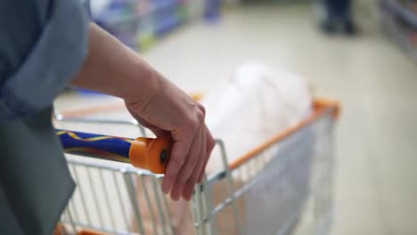 Hands-of-the-unknown-girl-on-a-shopping-cart-close-up.-Shopping-at-the-grocery-store