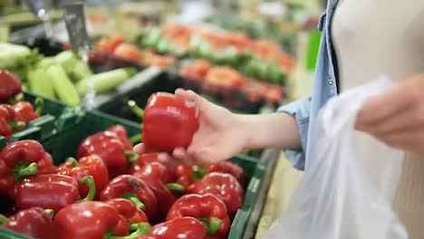 Handheld-footage-of-a-girl's-hands-selecting-fresh-red-sweet-peppers-from-the-box-in-vegetable-department.-Grocery-store.-Girl-puts-bell-peppers-to-the-cellophane-bag