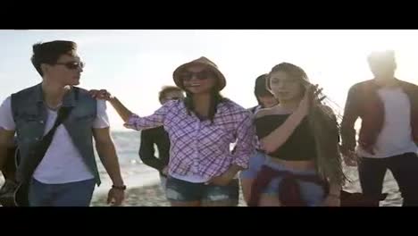 Group-of-young-hipster-friends-walking-together-on-a-beach-at-the-water's-edge-holding-a-guitar.-Slowmotion-shot
