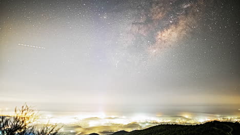 Milky-Way-galaxy-spin-above-city-with-ultra-high-light-pollution,-time-lapse