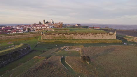 Close-up-of-Almeida-Portugal-medieval-fortress-town-during-sunrise,-aerial