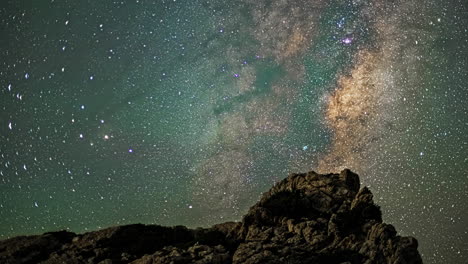 Rocky-mountains-and-majestic-Milky-Way-galaxy-rotate-in-night-sky,-time-lapse
