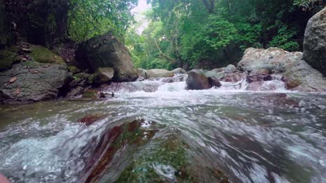 Nahaufnahme-Eines-Fließenden-Baches-Zwischen-Algenfelsen-Im-Wald-An-Einem-Sonnigen-Tag---Rio-Jima,-Bonao,-Dominikanische-Republik