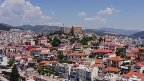 Byzantine-fortress-in-Kavala,-Greece-with-sea-and-mountains-in-the-background