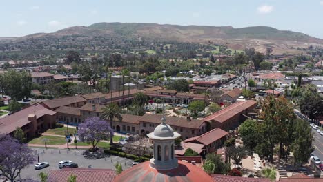 Close-up-rising-aerial-shot-above-the-Mission-Basilica-dome-towards-the-Mission-San-Juan-Capistrano-in-California