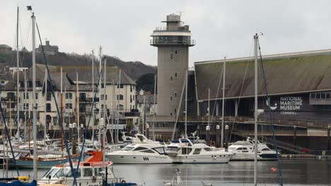 Looking-into-Falmouth-Harbour-with-the-Harbour,-control-Tower-and-Maritime-Museum