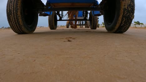 Slow-motion-of-horse-pulling-blue-carriage-along-desert