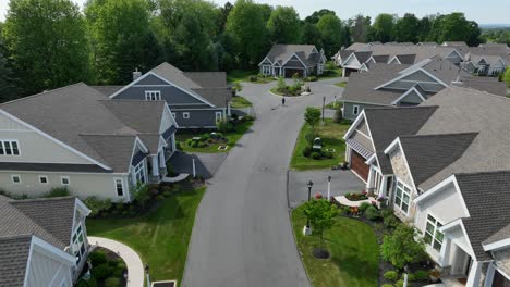 Drone-view-moving-through-a-private-retirement-community-of-townhouses-and-duplexes-in-a-meticulously-groomed-neighborhood