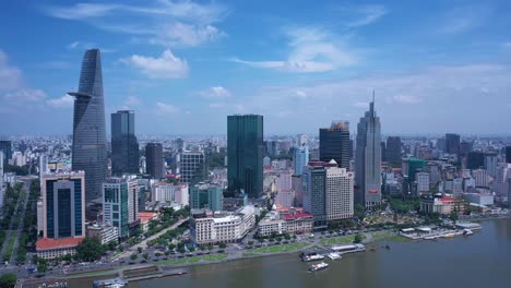 Aerial-view-of-Ho-Chi-Minh-City-skyline-featuring-key-buildings,-with-Saigon-River-waterfront-on-a-sunny,-clear-day