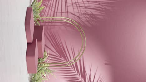 A-minimal-white-podium-display-with-pink-wall-and-palm-trees-shadow-background-for-product-design,-3d-rendering,-3d-illustration-animation-loop