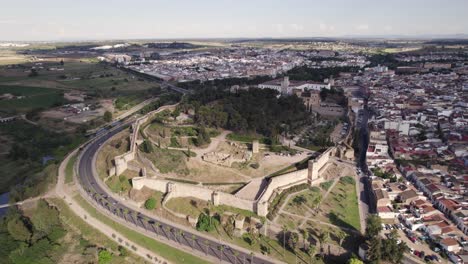 The-Alcazaba-of-Badajoz-view-from-above,-Ancient-citadel-Orbiting-shot