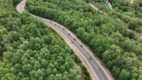 Group-of-motorcyclists-on-a-curve-of-a-road-surrounded-by-a-forest,-aerial-view