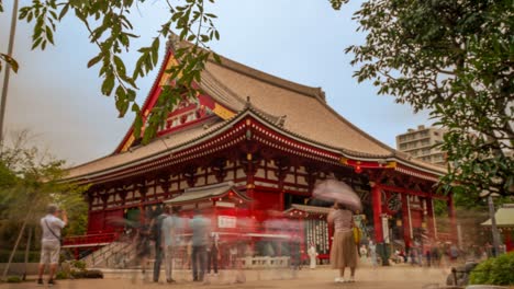 Sensoji-Tempel-In-Asakusa,-Tokio,-Japan,-Rotierender,-Sich-Bewegender-Zeitraffer-Zwischen-Bäumen,-Zeitraffer