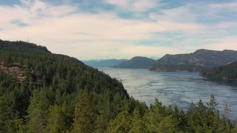 Weitreichende-Drohnenansicht:-Von-Bäumen-Bis-Zum-Sonnenbeschienenen-Meer-Am-Campbell-River,-Vancouver-Island