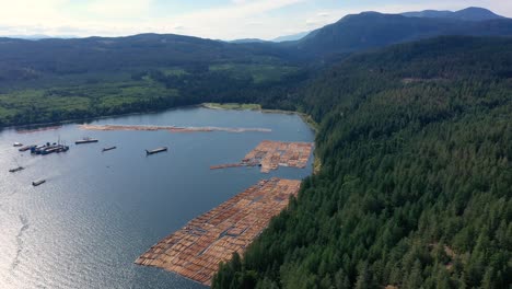 Aerial-View:-Tugboats-Navigate-Floating-Timber-in-Campbell-River-Inlet,-Vancouver-Island