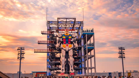 Gundam-show-at-Yokohama-bay-Tokyo-Japan-Start-up-mode-timelapse-show-at-sunset