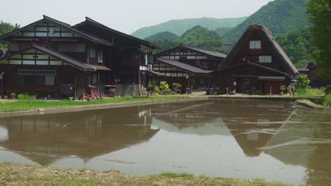 Campo-Inundado-Con-Vistas-A-Los-Tradicionales-Techos-De-Paja-Casas-Y-Edificios-De-Shirakawago-En-El-Fondo