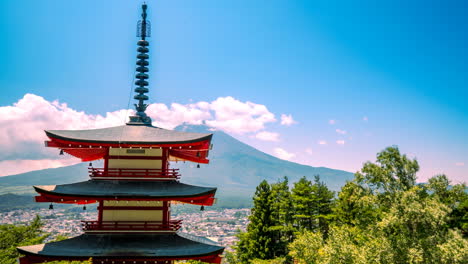 Pagoda-De-Chureito-Y-Monte-Fuji-Japón-Timelapse-Nubes-Cielo-Azul