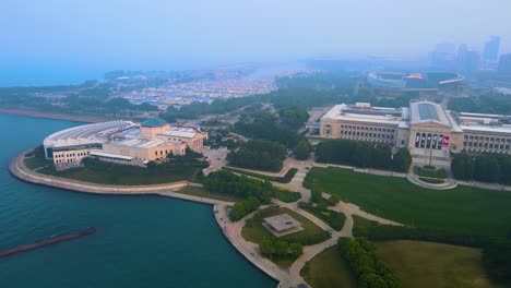 Chicago,-IL-USA-June-29th-2023:-aerial-drone-view-of-Chicago-field-museum-during-when-the-air-is-filled-with-Toxic-smog-from-the-Canada-wild-fires