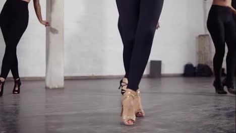 Schöne-Weibliche-Beine-In-Standardschuhen,-Die-Bachata-Grundschritte-Tanzen.