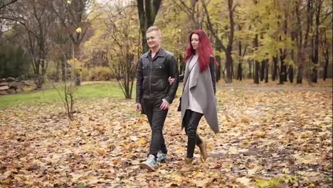 Romantic-young-couple-walking-in-autumn-park-during-the-day-holding-hands.-The-blanket-of-golden-leaves-on-the-ground.-Warm-weather-in-autumn